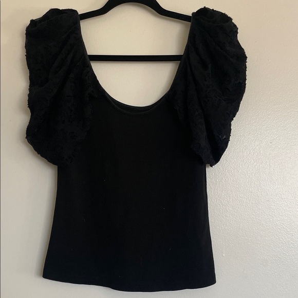 Maeve Tops - Maeve|Black Puff Sleeve Ribbed Blouse|Medium|EUC